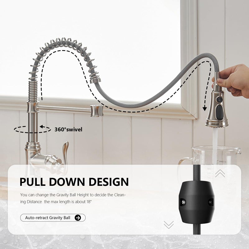 BWE Kitchen Sink Faucet with Deck Plate Single Handle Lever with Pull Down Sprayer Spring 3 Function Kitchen Faucet High Arc Farmhouse Commercial Bar Kitchen Faucets Brushed Nickel - Image 3